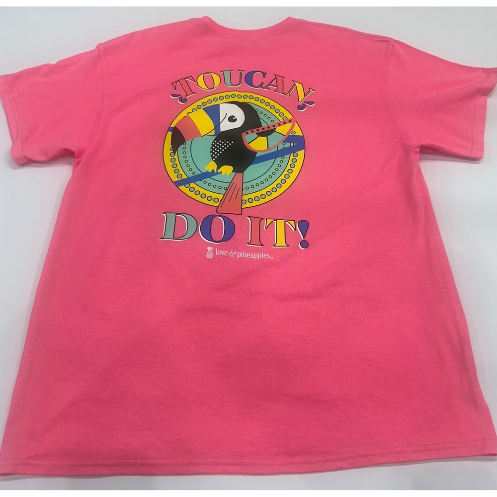 Love & Pineapples Toucan Do It Graphic T-Shirt Pink Women Large Short Sleeve Tee